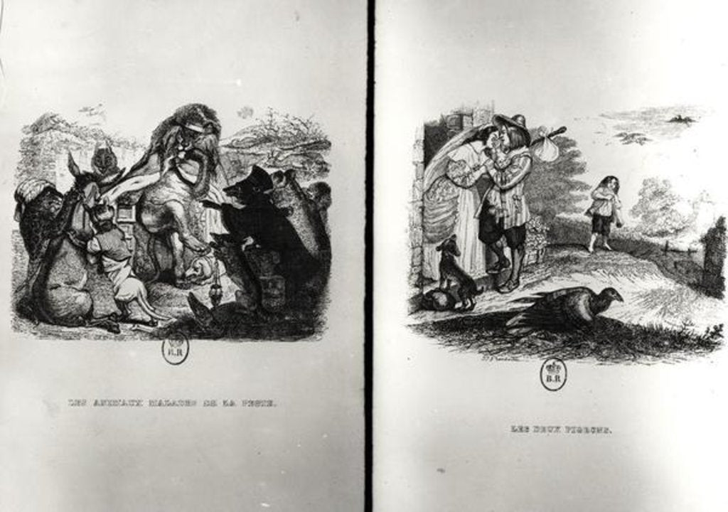 Detail of Animals with the Plague and The Two Pigeons, illustrations from the Fables of La Fontaine by Grandville (1803-47)
