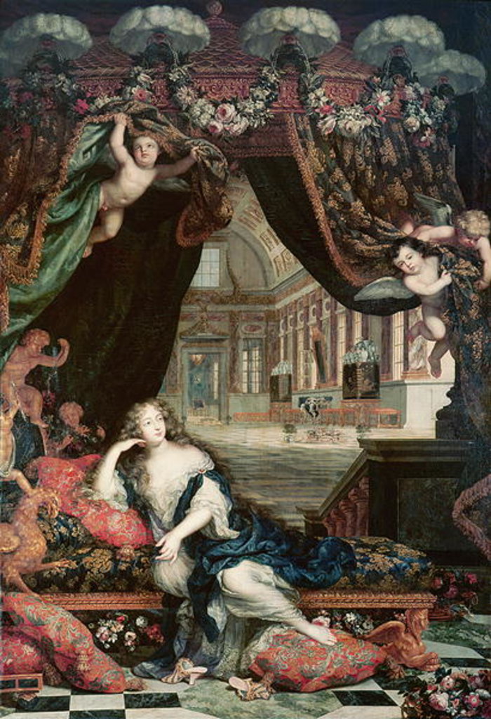 Detail of Portrait of Madame de Montespan reclining in front of gallery of the Chateau de Clagny by Henri Gascard