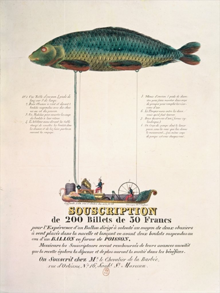 Detail of Poster advertising the subscription for a dirigible balloon in the shape of a fish by French School