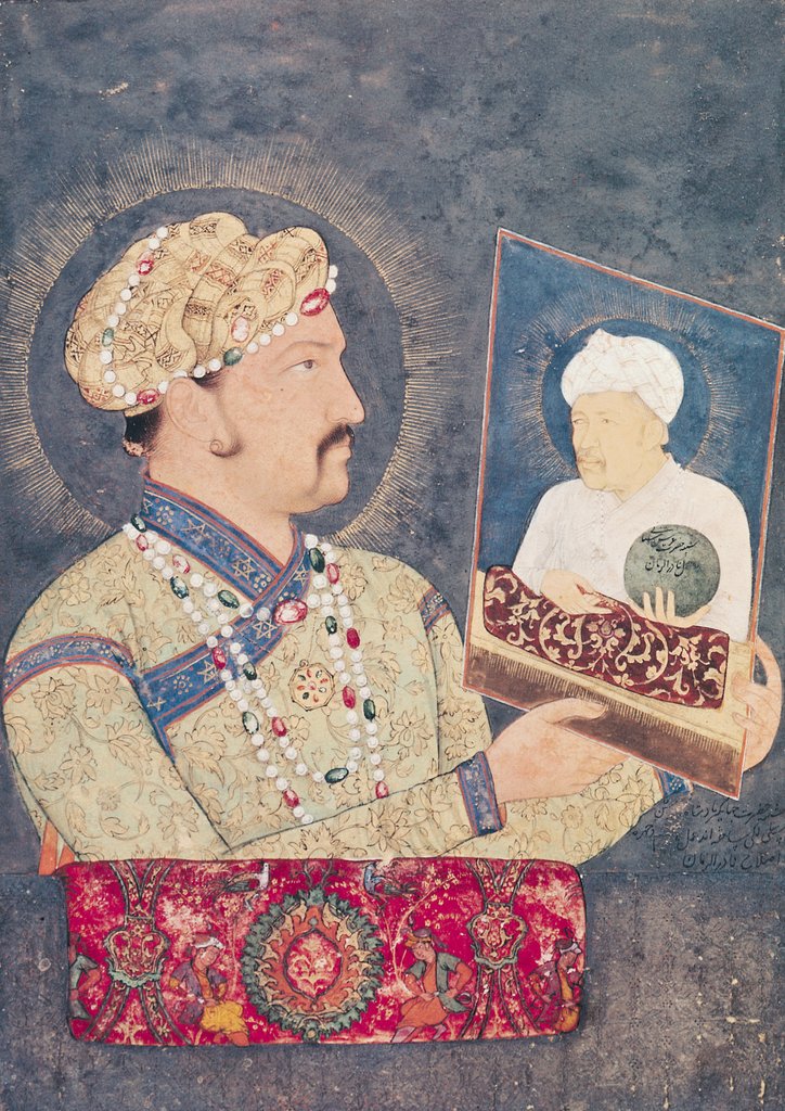 Detail of Emperor Jahangir holding a portrait of Emperor Akbar by Indian School