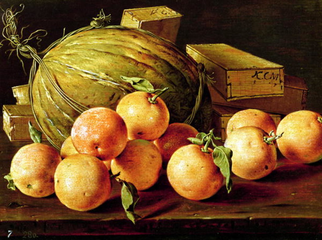 Detail of Still Life of Oranges, Melons and Boxes of Sweets by Luis Egidio Menendez or Melendez