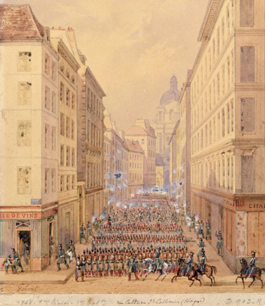 Detail of March of the First Battalion, Rue Culture Sainte-Catherine, 1st February 1848 by Gaspard Gobaut