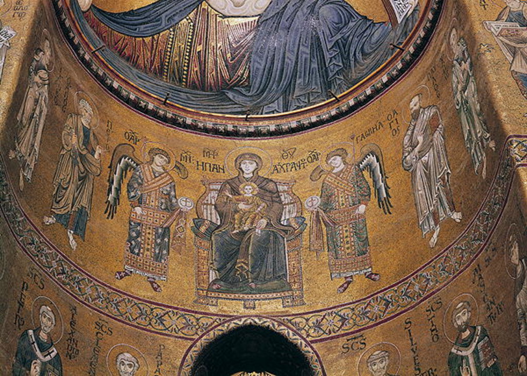 Detail of Madonna and Child Enthroned with Angels and Apostles by Byzantine School