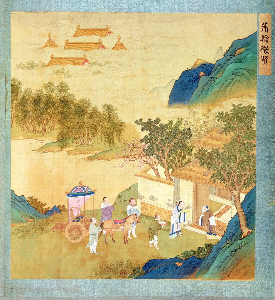Detail of Emperor Wu Ti welcoming a man of letters by School Chinese
