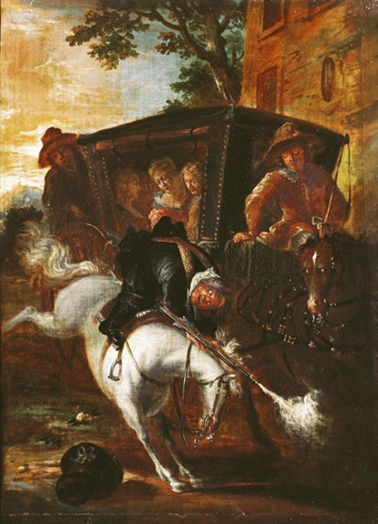 Detail of With a Musket on his Back, Ragotin Climbs onto his Horse to Accompany the Troupe by Jean de Coulom