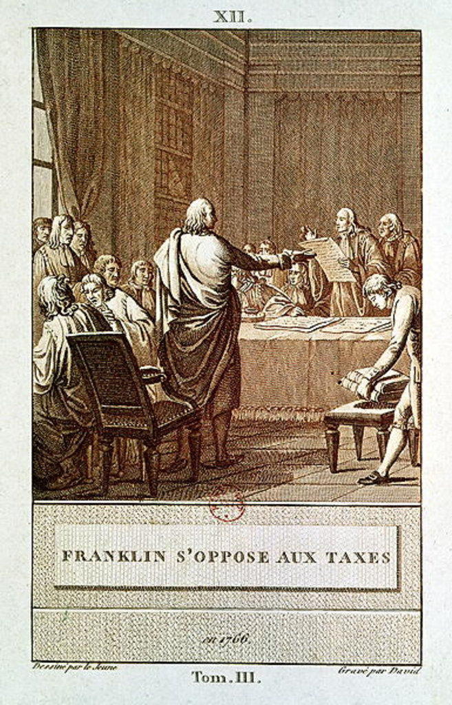 Detail of Benjamin Franklin Presenting his Opposition to the Taxes in 1766, engraved by David by Le Jeune