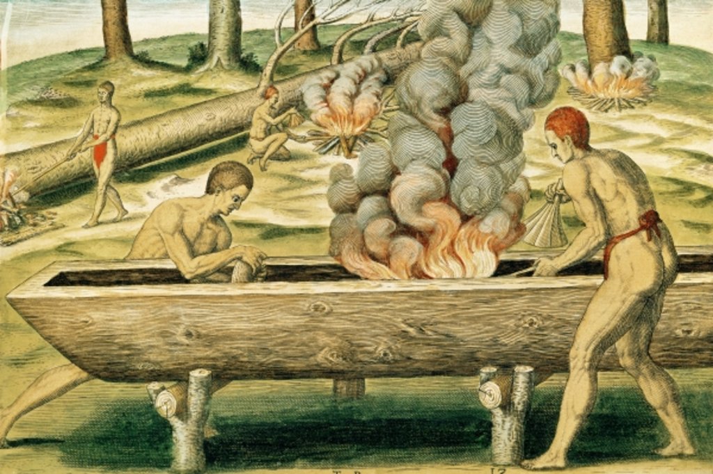 Detail of Indians Making a Dugout Canoe by Theodore de after White John (d.1593) Bry