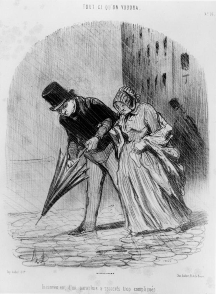 Series 'Tout ce qu'on voudra', Disadvantage of having an umbrella with a complicated spring system by Honore Daumier