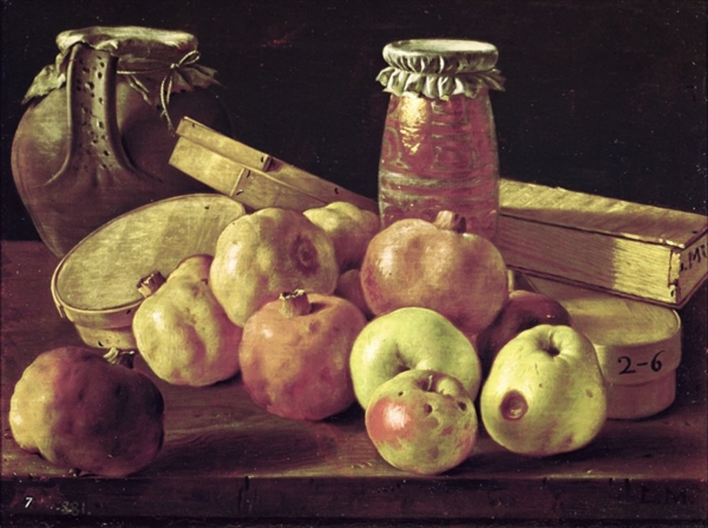 Detail of Still Life with Pomegranates, Apples, a Pot of Jam and a Stone Pot by Luis Egidio Menendez or Melendez