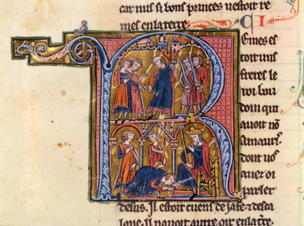 Detail of Historiated initial 'R' depicting the Sultan sending his messengers to the Caliph of Egypt and the Sultan kissing the feet of the Caliph by French School