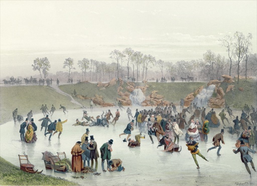 Detail of Skaters on the Lake at Bois de Boulogne by Eugene Charles Francois Guerard