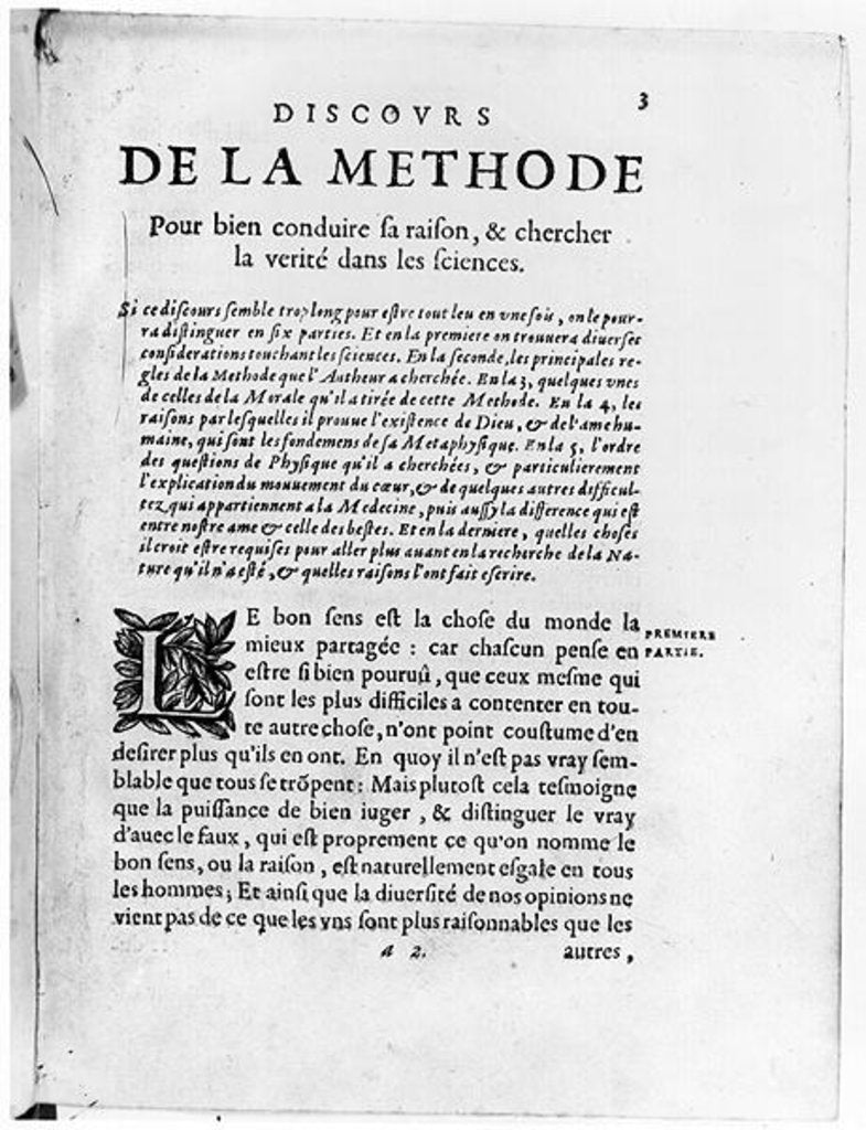 Detail of First page of 'Discours de la Methode' by Rene Descartes by French School