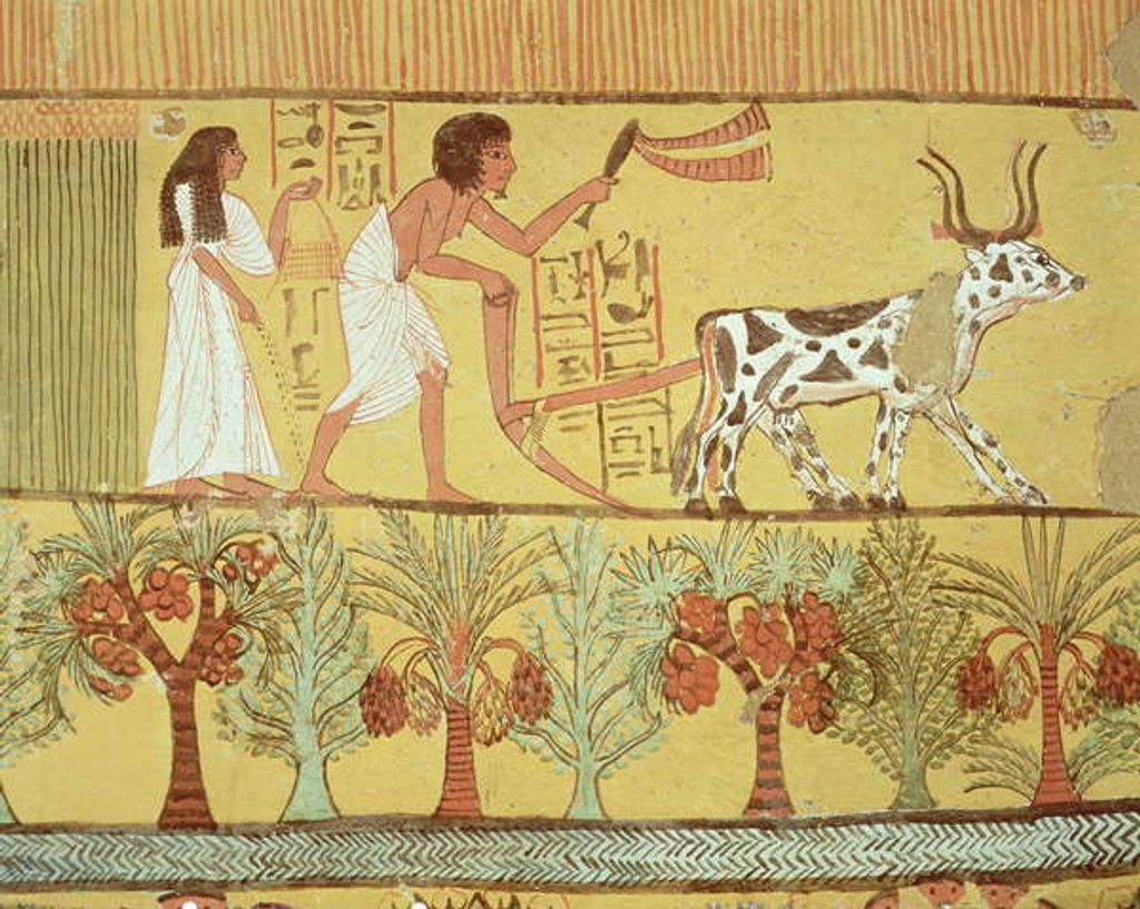 Detail of Sennedjem and his wife in the fields sowing and tilling by Egyptian 19th Dynasty