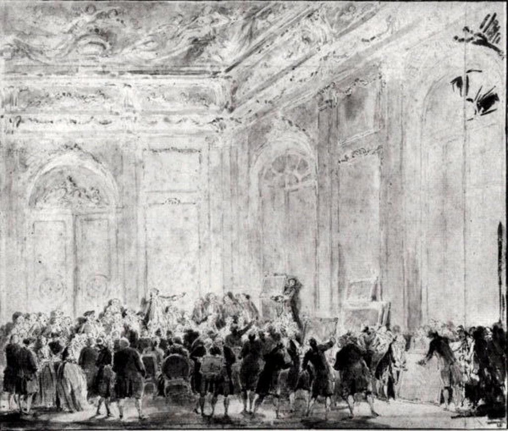 Detail of Scene with a Sale of Paintings by Gabriel de Saint-Aubin