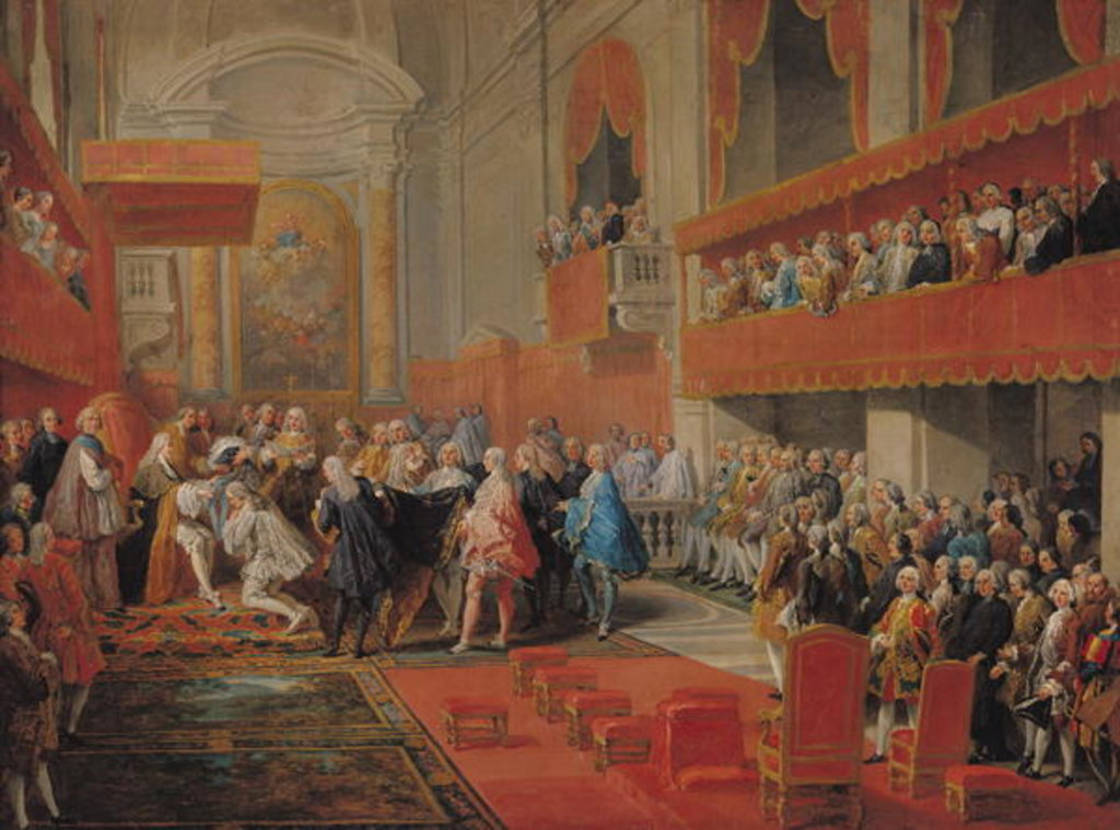 Detail of Presentation of the Order of the Holy Spirit to Prince Vaini by Paul-Hippolyte de Beauvillers Duke of Saint-Aignan in 1732 by Giovanni Paolo Pannini or Panini