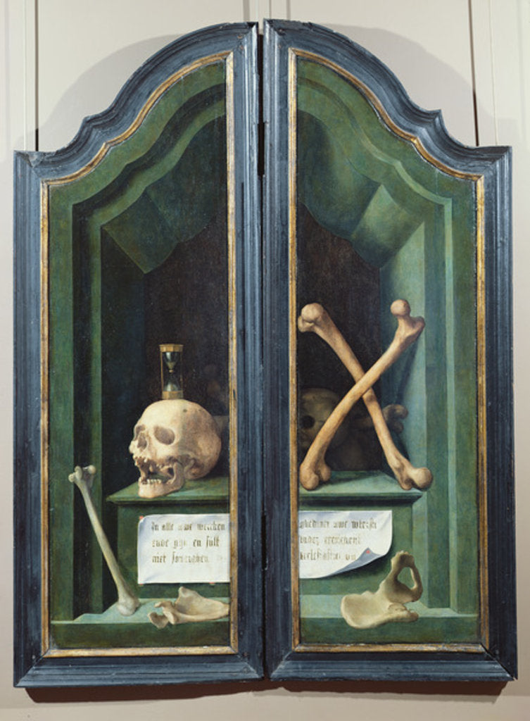 Detail of Vanitas, reverse of two panels from a triptych by Flemish School