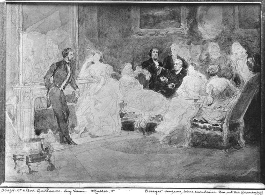 Detail of Alfred de Musset Eugene Delacroix and Pierre Antoine Berryer at a society evening, c.1840 by Eugene-Louis Lami