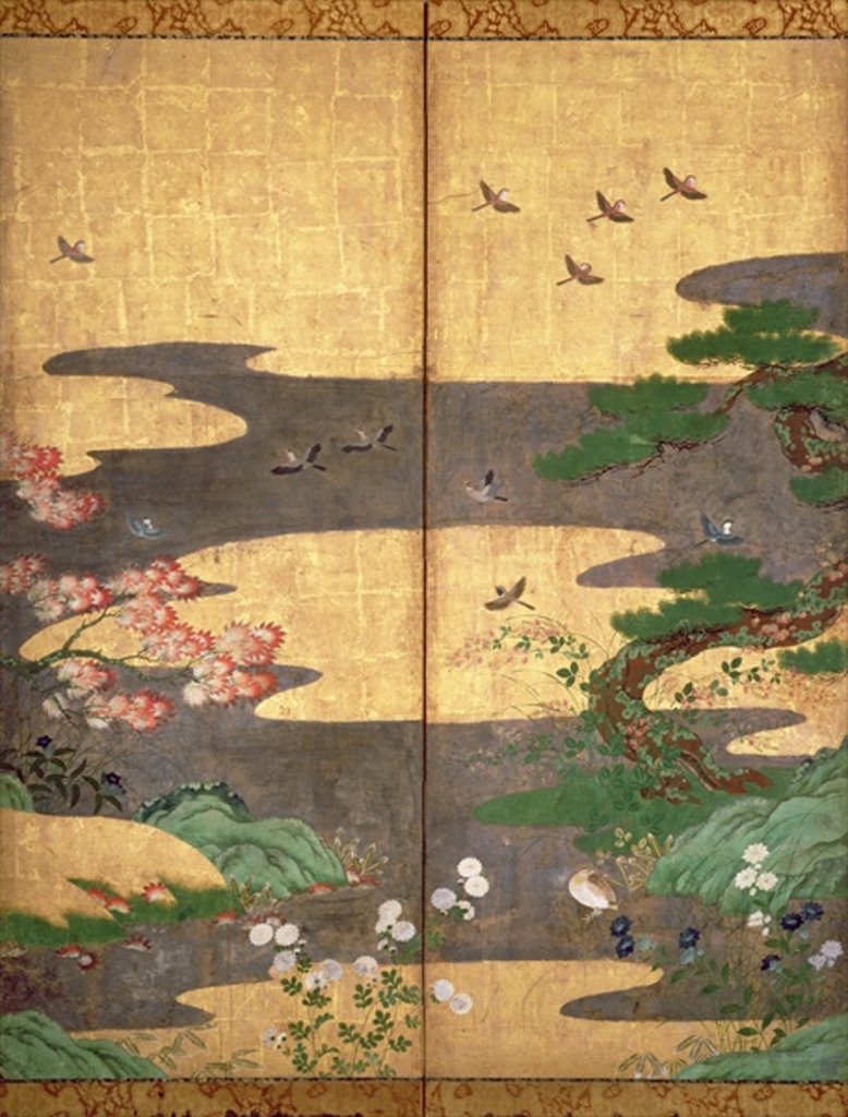Detail of Birds with Autumn and Winter flowers by Japanese School