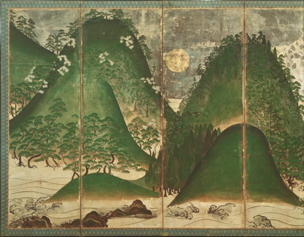 Detail of Spring Landscape with Sun, part of a six panel folding screen by School Japanese