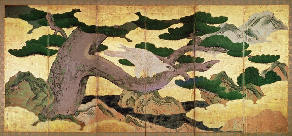 Detail of The Hawks in the Pines, 6 panel folding screen by Eitoku Kano