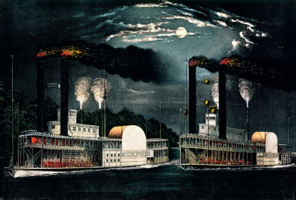Detail of Midnight Race on the Mississippi, published by Currier and Ives by American School