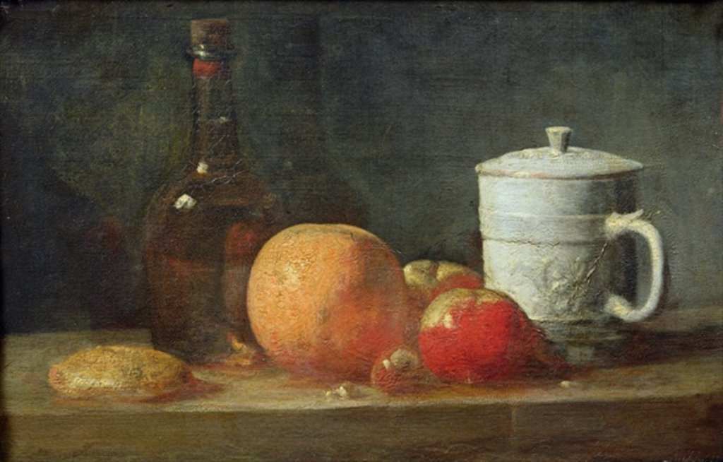 Detail of Still Life with Fruit and Wine Bottle by Jean-Baptiste Simeon Chardin