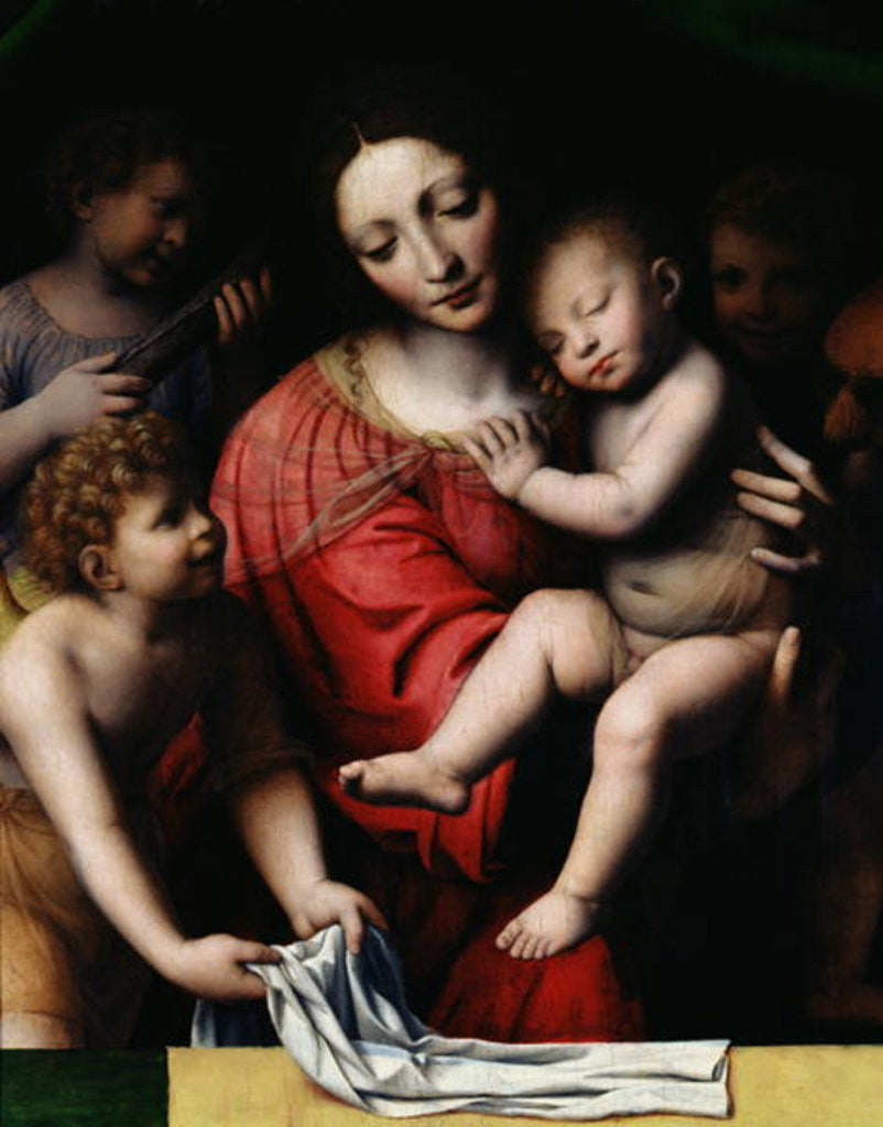 Detail of The sleeping Jesus, or Madonna holding the sleeping Child, accompanied by three angels by Bernardino Luini