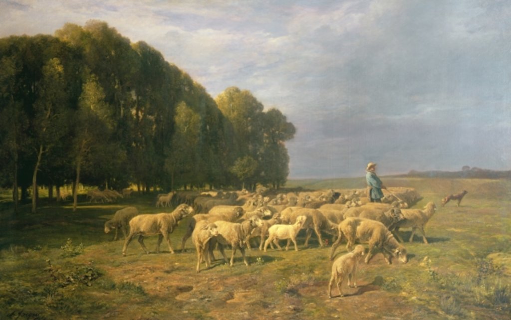 Detail of Flock of Sheep in a Landscape by Charles Emile Jacque