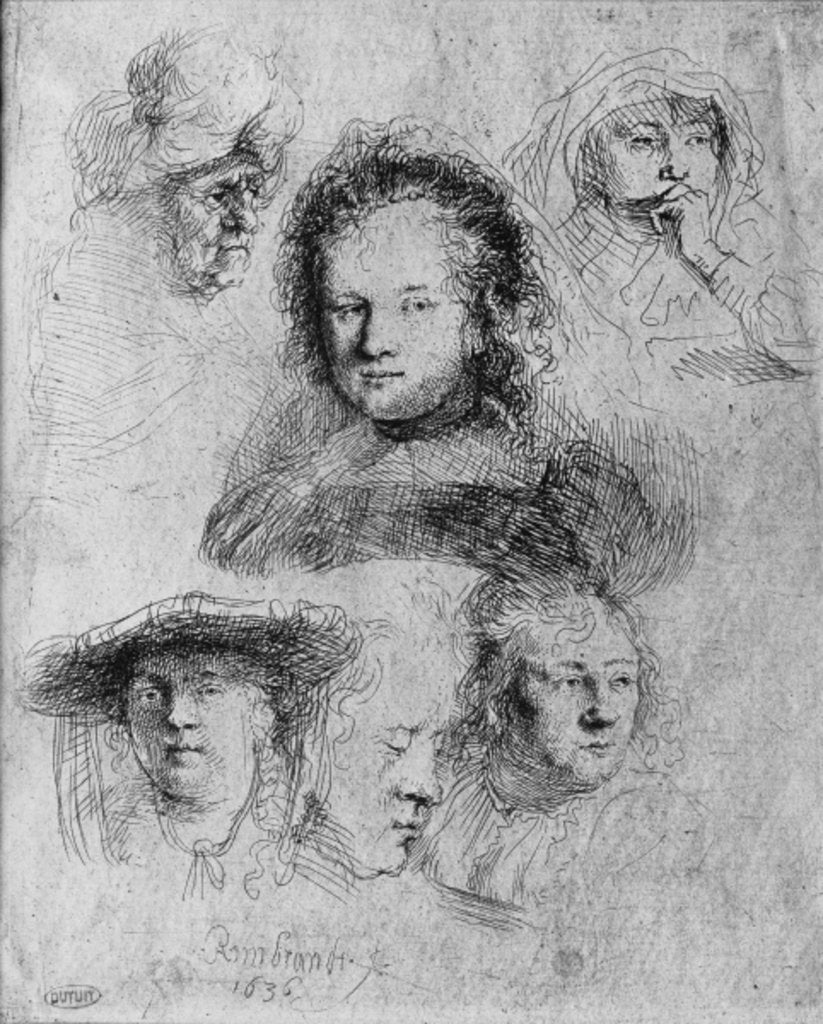 Detail of Six heads with Saskia van Uylenburgh in the centre by Rembrandt Harmensz. van Rijn