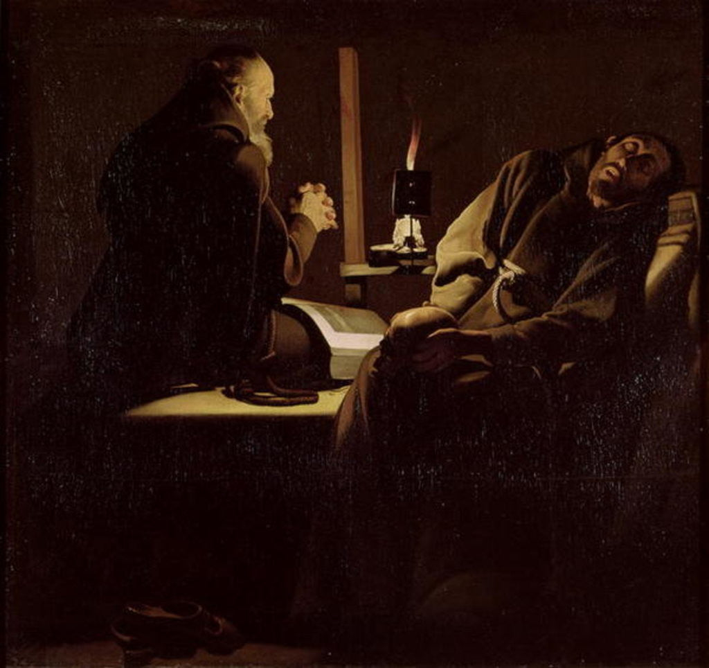Detail of The Ecstasy of St. Francis, A Monk at Prayer with a Dying Monk by Georges de la Tour