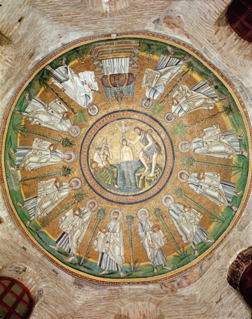 Detail of Baptism of Christ surrounded by the twelve apostles bearing crowns by Byzantine School