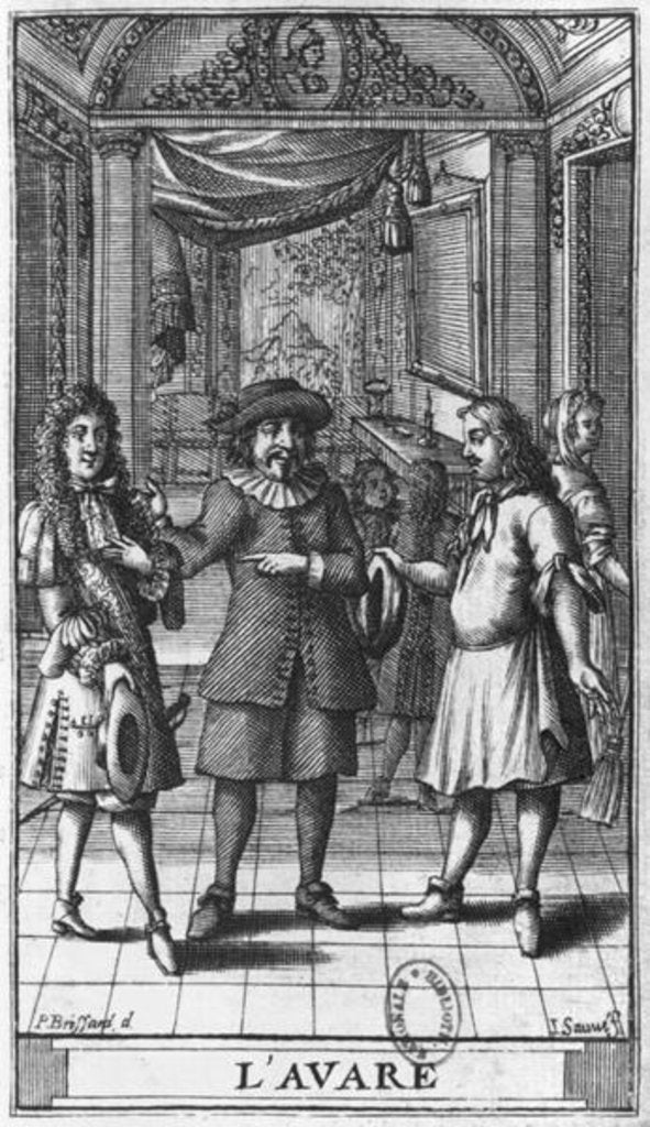 Detail of Moliere as Harpagon, frontispiece illustration from 'The Miser' by Moliere by Pierre (after) Brissart