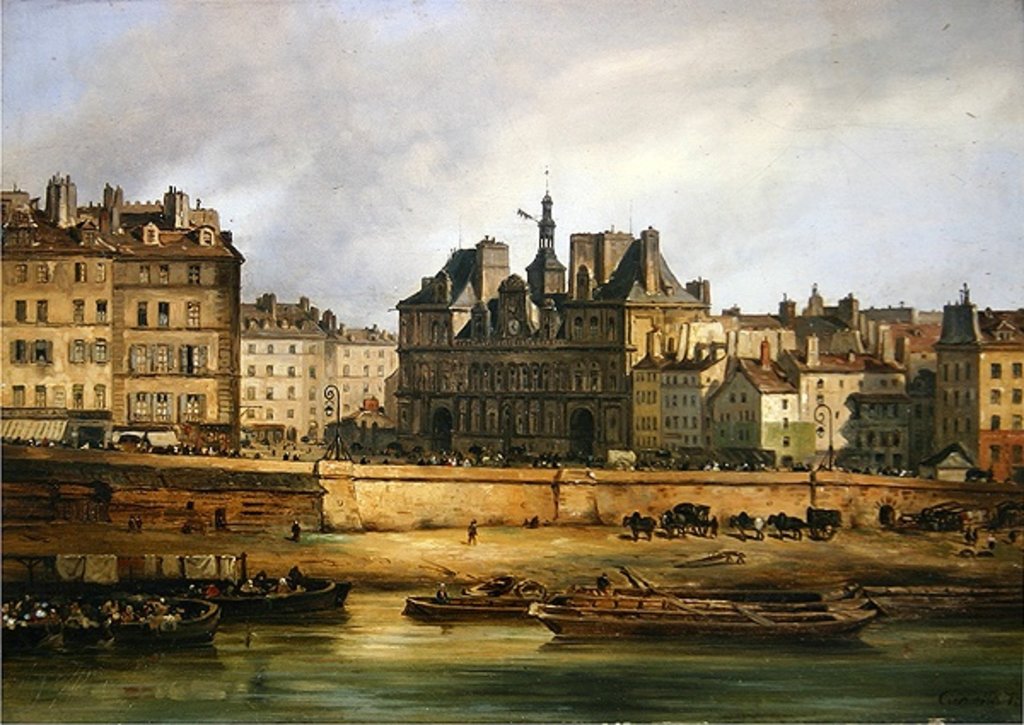 Detail of Hotel de Ville and embankment, Paris, 1828 by Giuseppe Canella