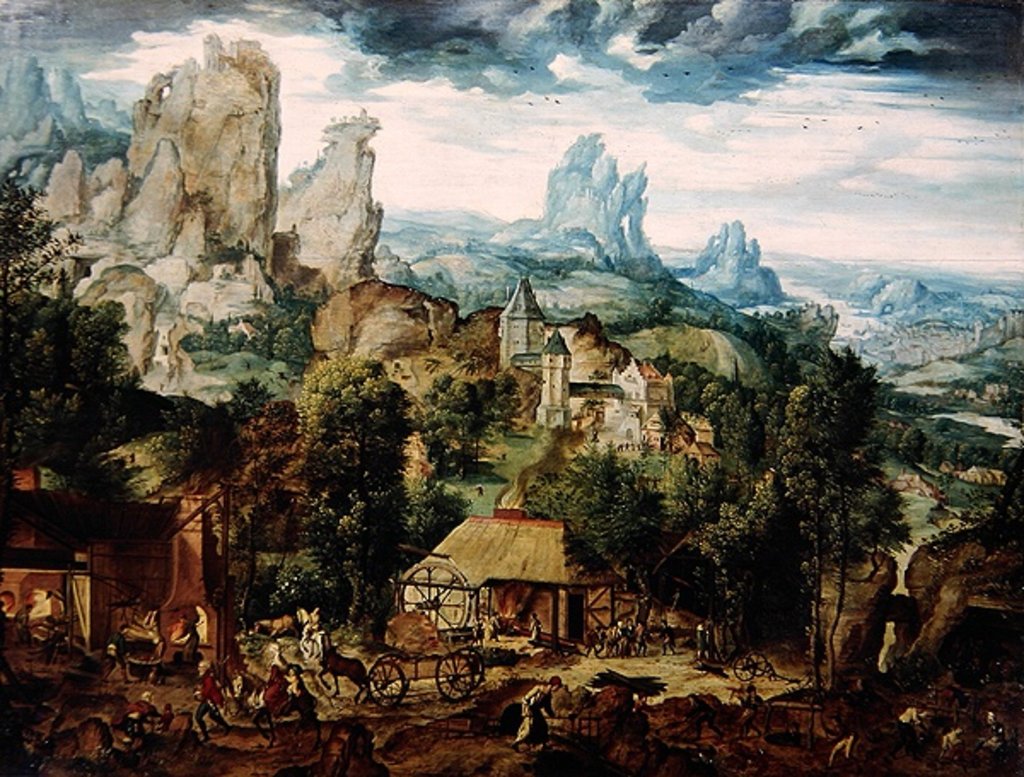 Detail of Landscape with Forge by Herri met de Bles
