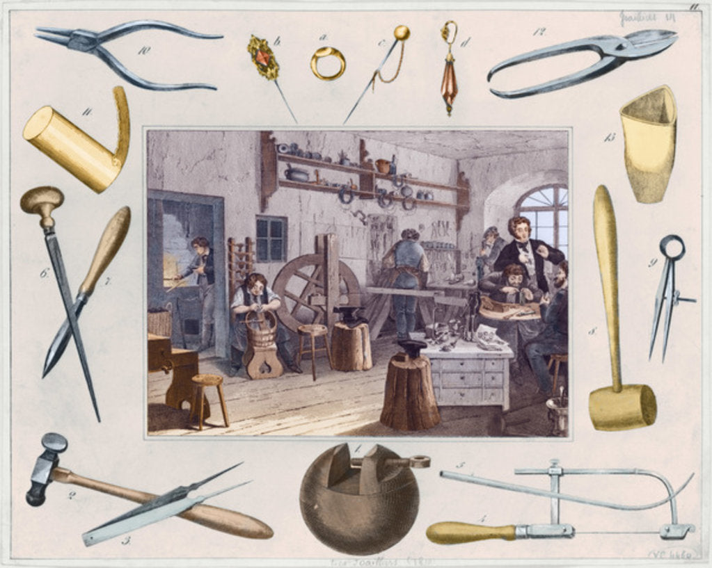 Detail of Workshop and main tools of jewellery, 1810 by French School