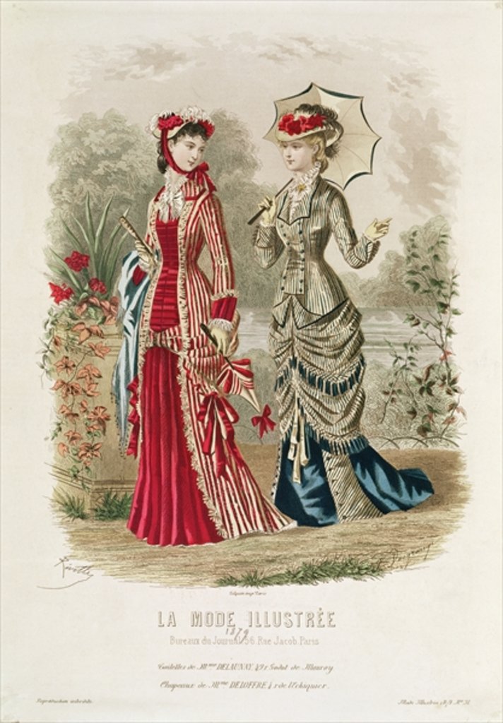 Detail of Fashion plate showing hats and dresses by French School