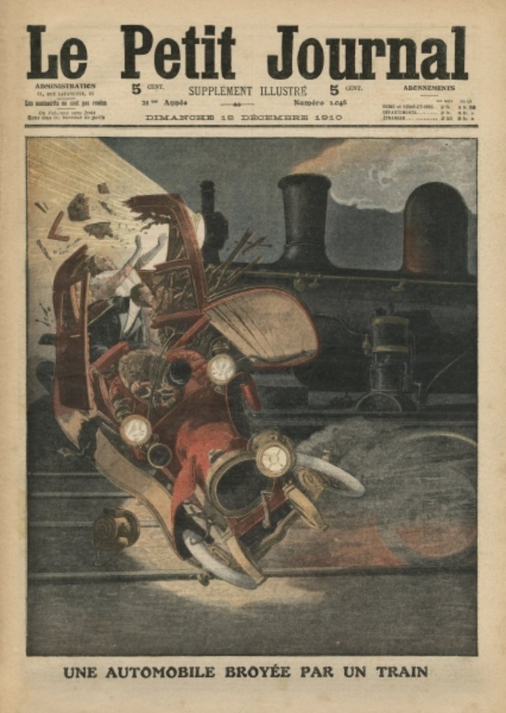 Detail of A motor car crushed by a train by French School