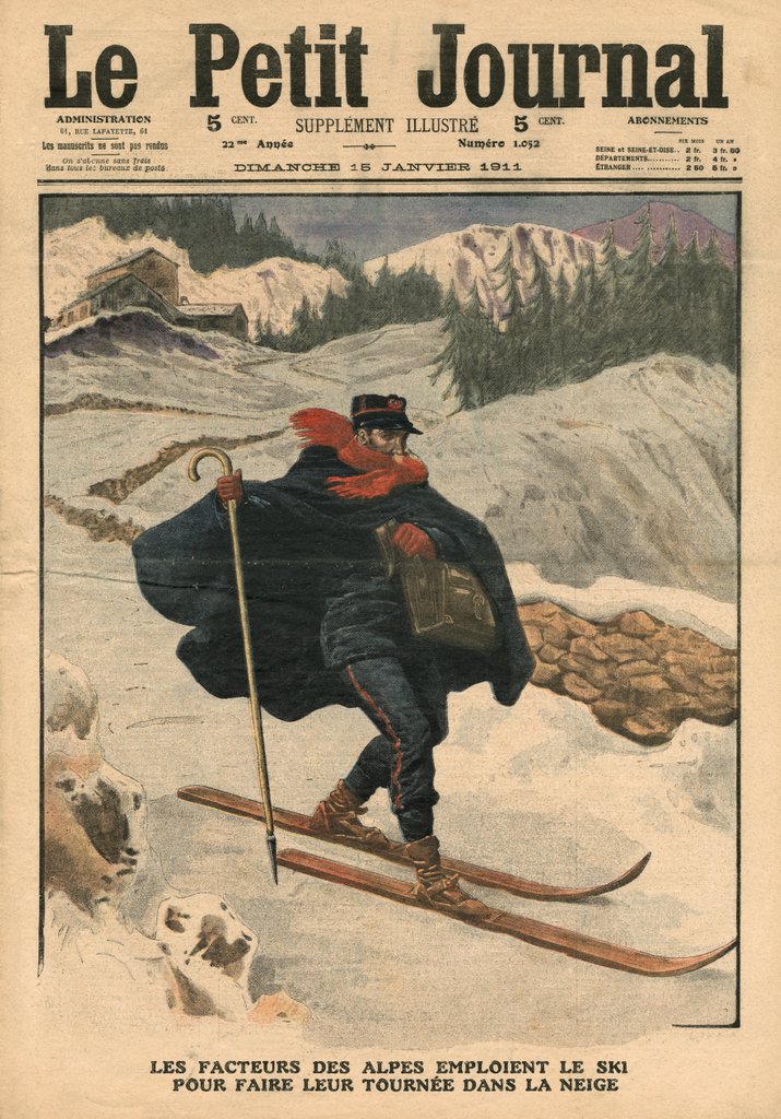 Detail of Alpine postmen using ski during their rounds in the snow by French School