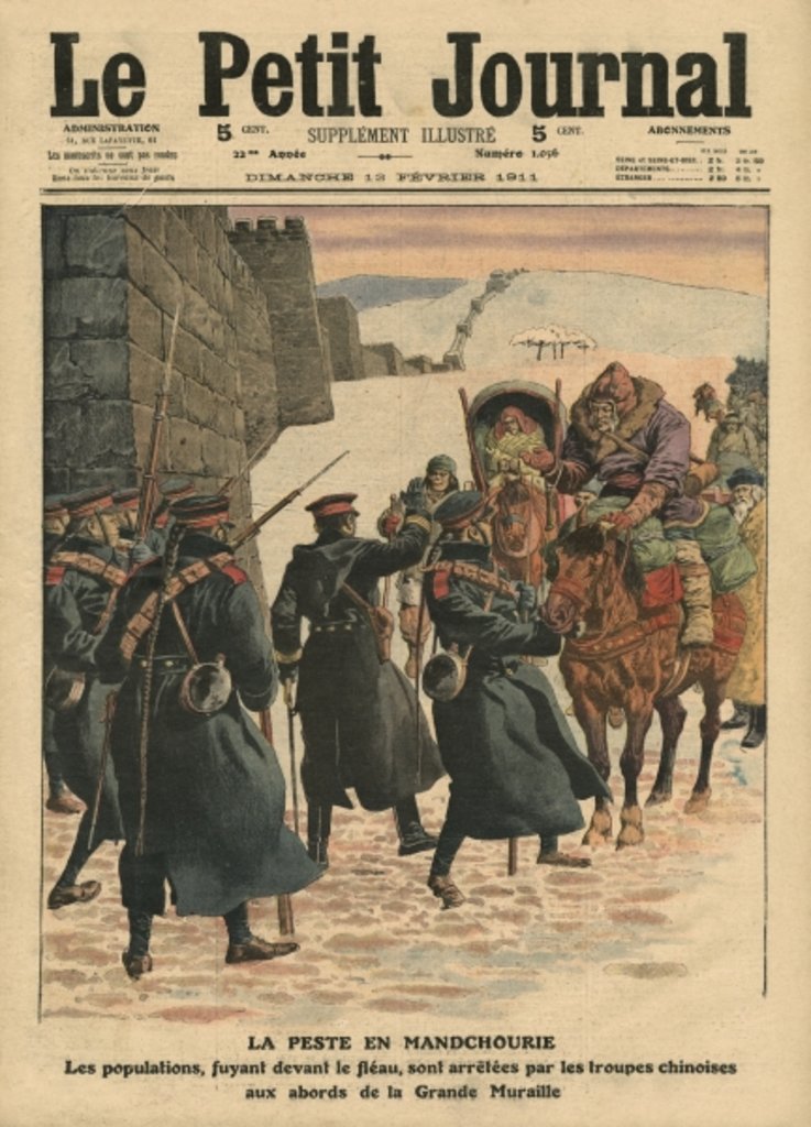Detail of Plague in Manchuria, people fleeing the plague are stopped by Chinese troops before the Great Wall by French School