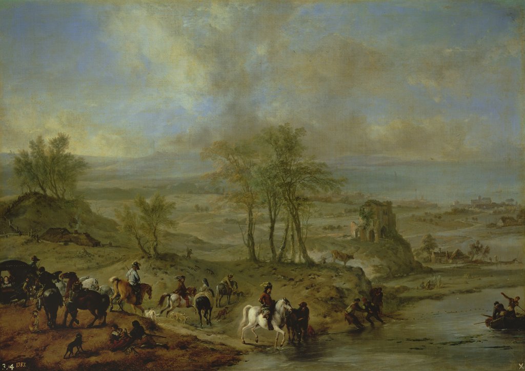 Detail of Departing for the hunt and fishing in the river by Philips Wouwermans or Wouwerman