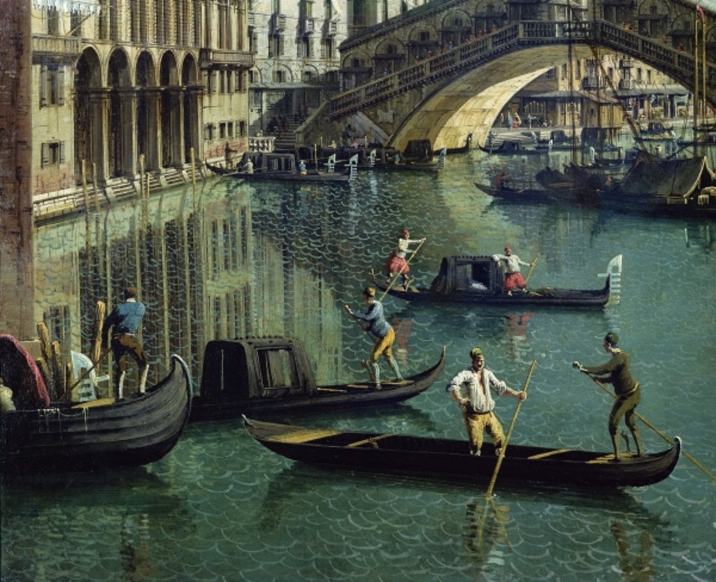 Detail of Gondoliers near the Rialto Bridge, Venice by Canaletto