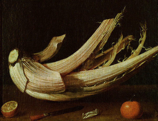 Detail of Cardoon ,oranges and knife by Spanish School