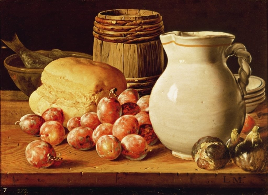 Detail of Still Life with plums, figs, bread and fish by Luis Egidio Melendez
