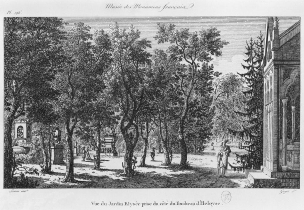 Detail of Musee des Monuments Francais, Paris, view of the Jardin Elysee from the tomb of Heloise and Abelard, engraved by Laurent Guyot by Alexandre Marie Lenoir