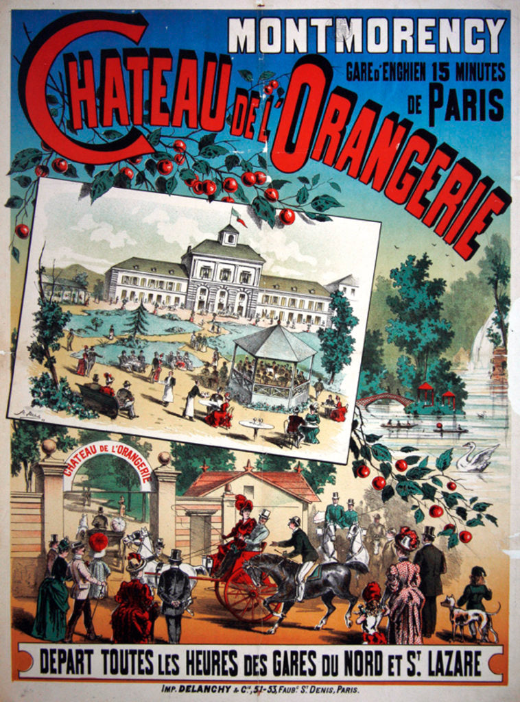 Detail of Travel poster advertising trips by train from Paris to the 'Chateau de l'Orangerie' at Montmorency, 1887 by French School