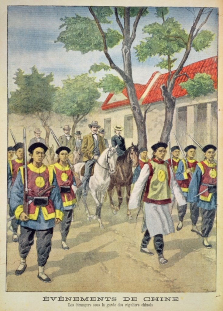 Detail of European foreigners under armed escort by Chinese regular soldiers during the Boxer rebellion of 1899-1901 by Oswaldo Tofani