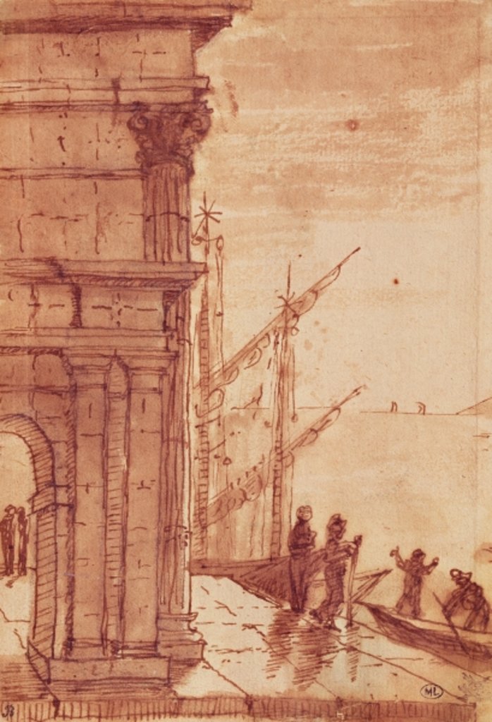 Detail of Landing stage at sunrise by Claude Lorrain