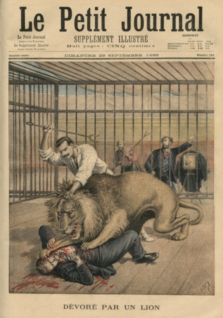 Detail of Being devoured by a lion, front cover illustration from 'Le Petit Journal', supplement illustre, 29th September 1895 by Henri Meyer