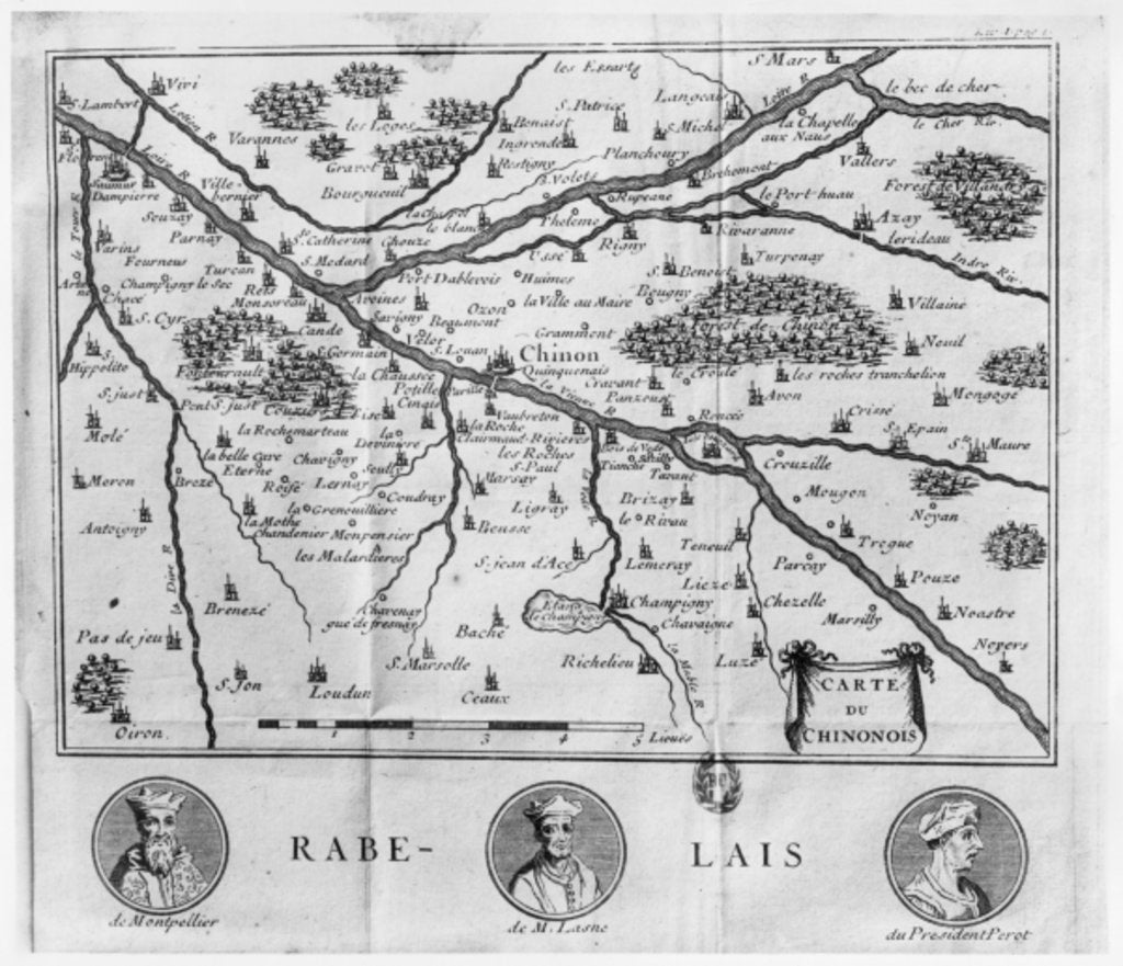 Detail of Map of the region of Chinon related to the works of Francois Rabelais, published in 1725 by French School