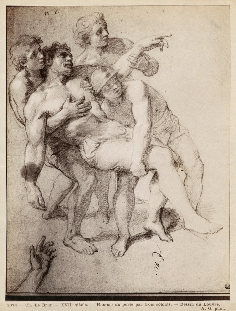 Detail of Half naked man supported by three men by Charles Le Brun